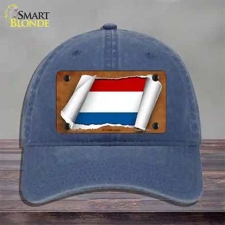 Netherlands Flag Scroll Novelty License Plate Hat Unconstructed Cotton / Navy