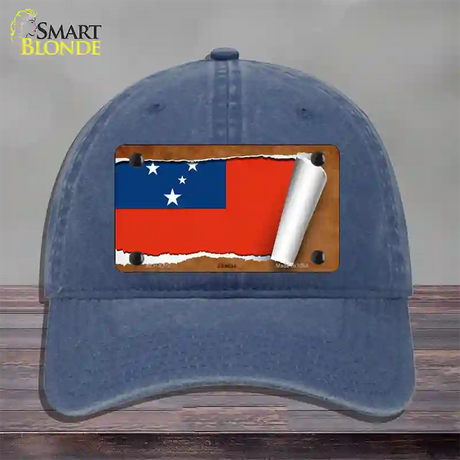 Samoa Flag Scroll Novelty License Plate Hat Unconstructed Cotton / Navy