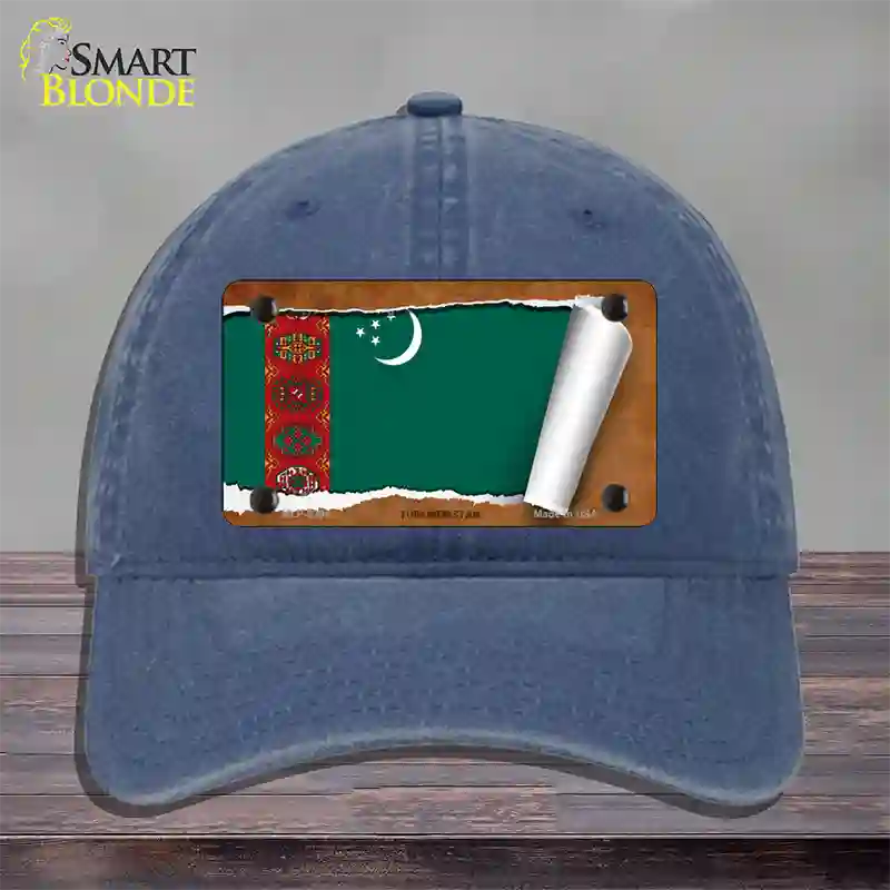 Turkmenistan Flag Scroll Novelty License Plate Hat Unconstructed Cotton / Navy