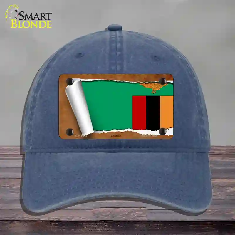 Zambia Flag Scroll Novelty License Plate Hat Unconstructed Cotton / Navy