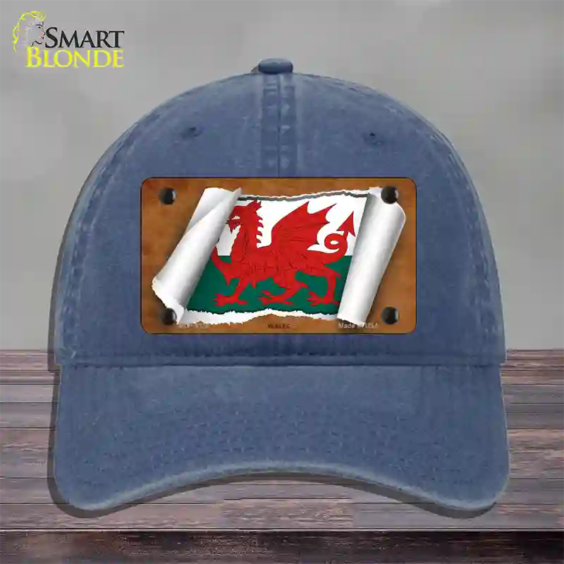 Wales Flag Scroll Novelty License Plate Hat Unconstructed Cotton / Navy