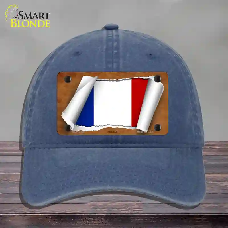 France Flag Scroll Novelty License Plate Hat Unconstructed Cotton / Navy