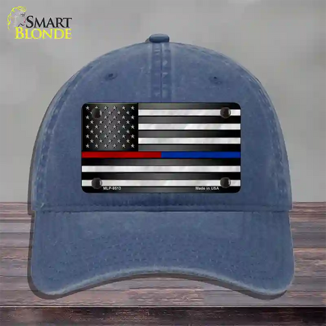 American Flag Police / Fire Novelty License Plate Hat Unconstructed Cotton / Navy