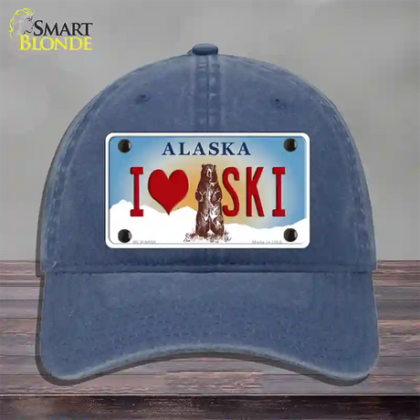 I Love Ski Alaska State Novelty License Plate Hat Unconstructed Cotton / Navy