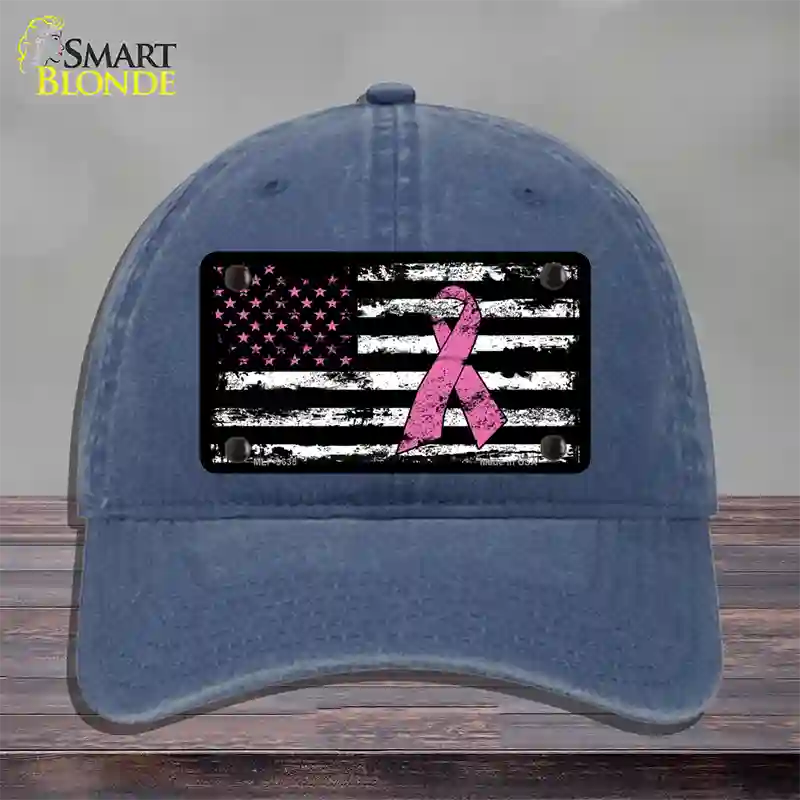 Vintage American Flag Pink Ribbon Novelty License Plate Hat Unconstructed Cotton / Navy