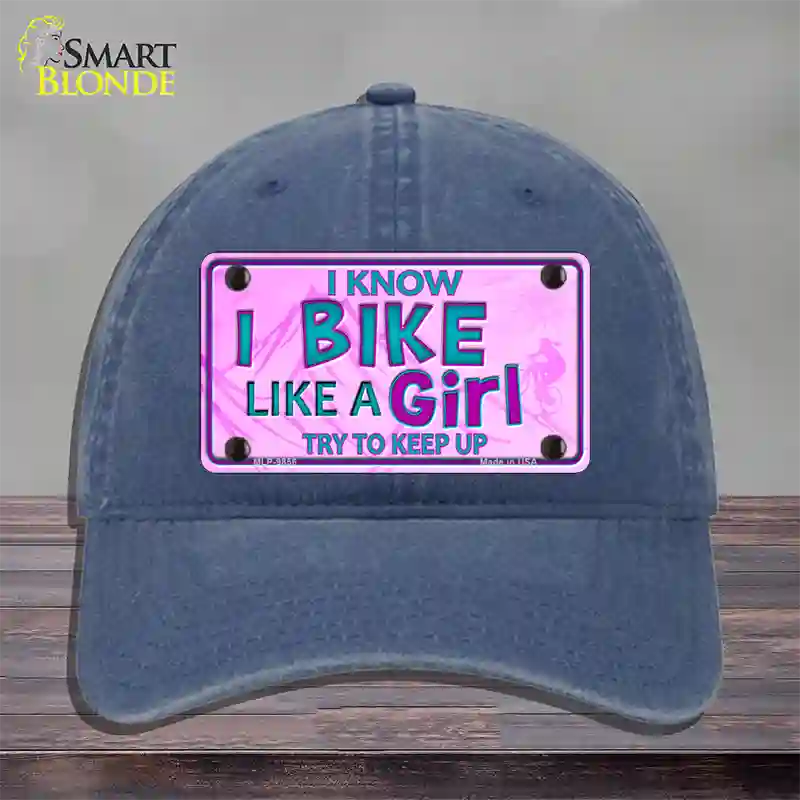 Bike Like A Girl Pink Novelty License Plate Hat Unconstructed Cotton / Navy