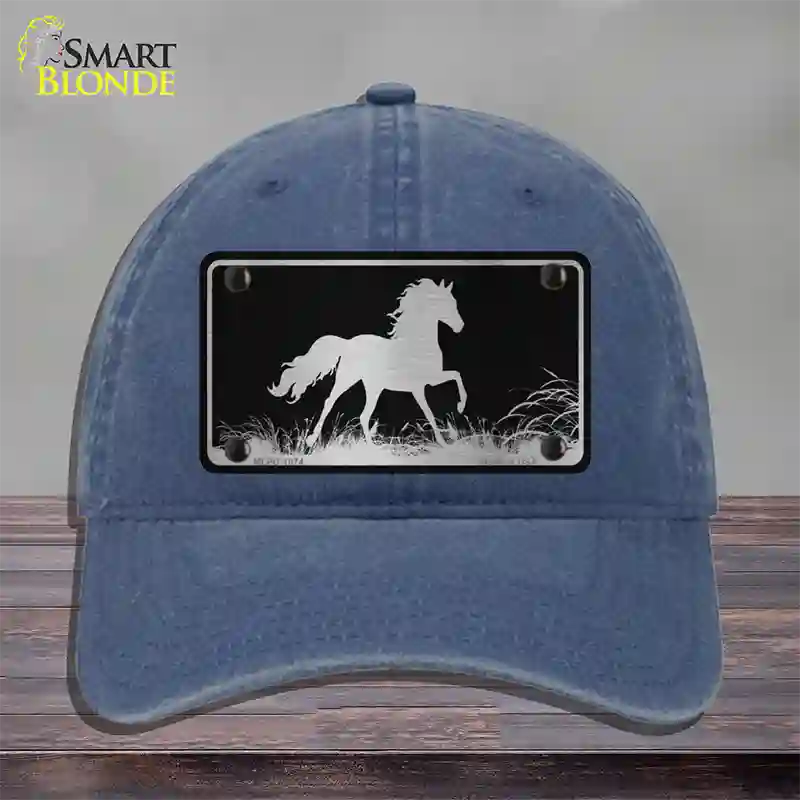 Horse Black Brushed Chrome Novelty License Plate Hat Unconstructed Cotton / Navy