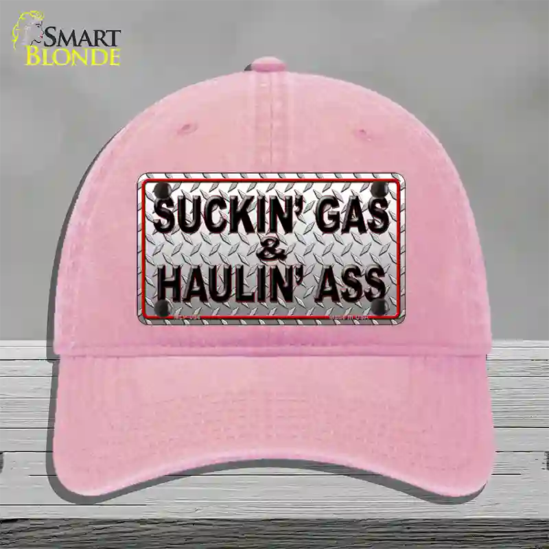 Suckin Gas and Haulin Ass Novelty License Plate Hat Unconstructed Cotton / Pink