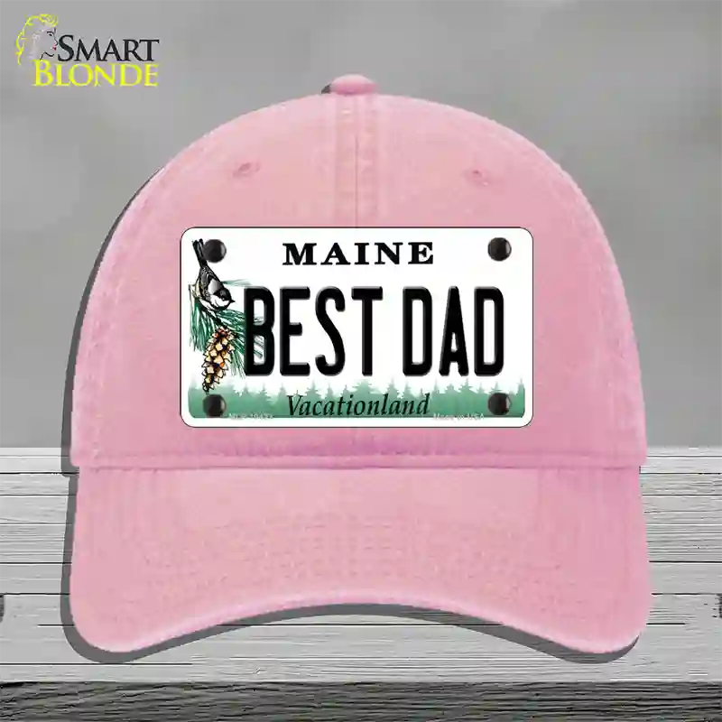 Best Dad Maine Novelty License Plate Hat Unconstructed Cotton / Pink