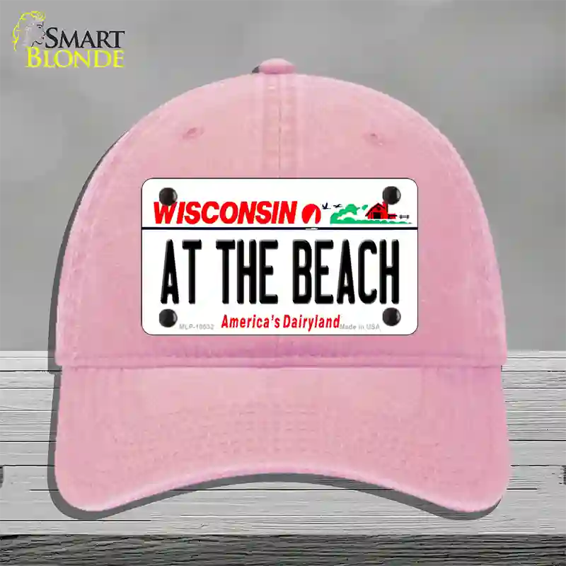 At The Beach Wisconsin Novelty License Plate Hat Unconstructed Cotton / Pink