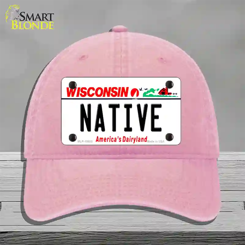 Native Wisconsin Novelty License Plate Hat Unconstructed Cotton / Pink