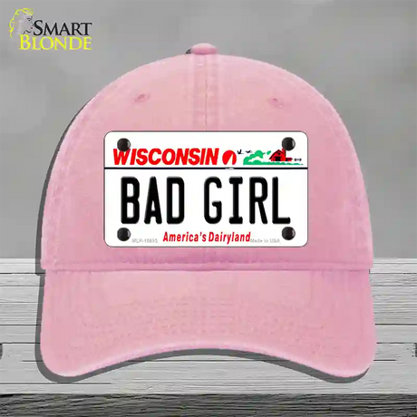 Bad Girl Wisconsin Novelty License Plate Hat Unconstructed Cotton / Pink