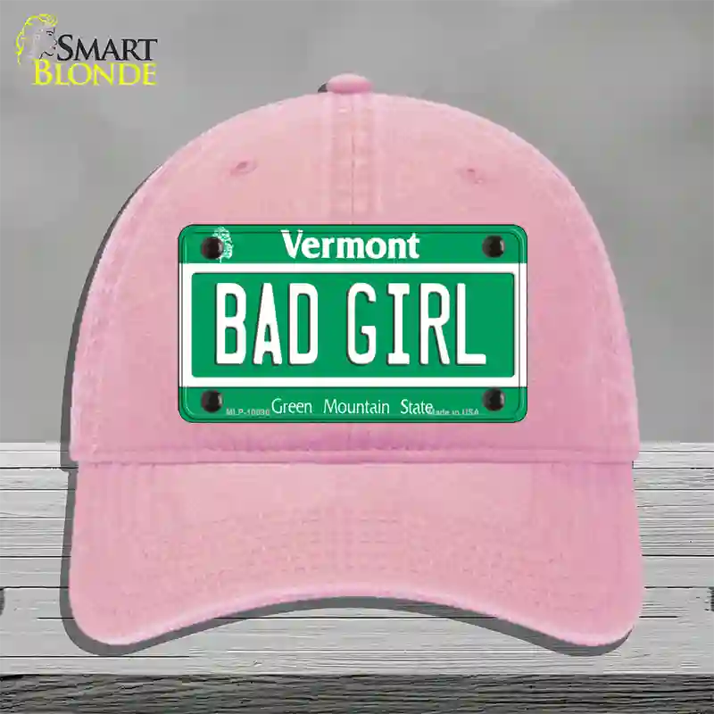 Bad Girl Vermont Novelty License Plate Hat Unconstructed Cotton / Pink