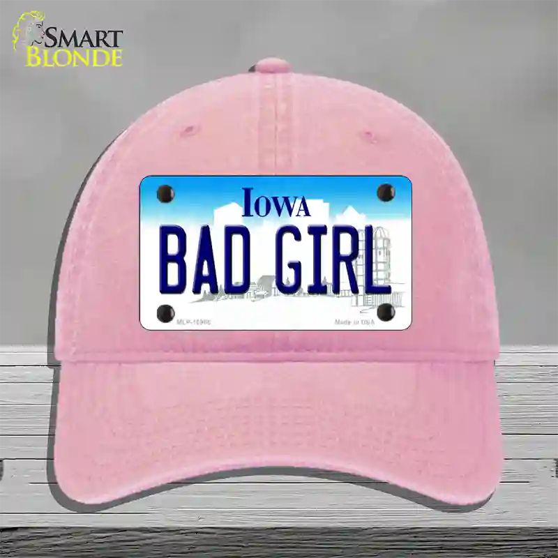 Bad Girl Iowa Novelty License Plate Hat Unconstructed Cotton / Pink
