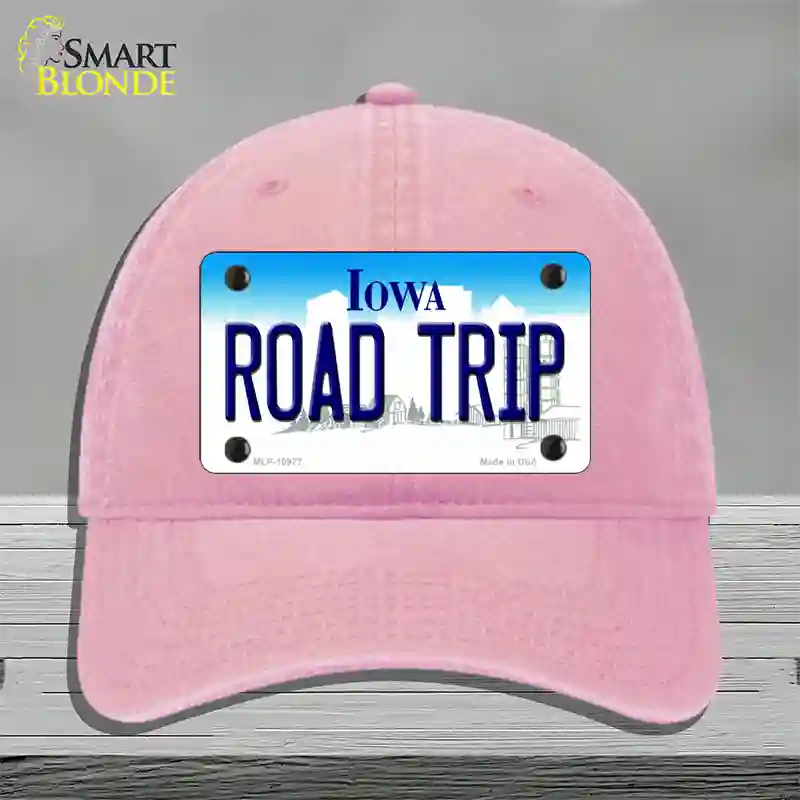 Road Trip Iowa Novelty License Plate Hat Unconstructed Cotton / Pink