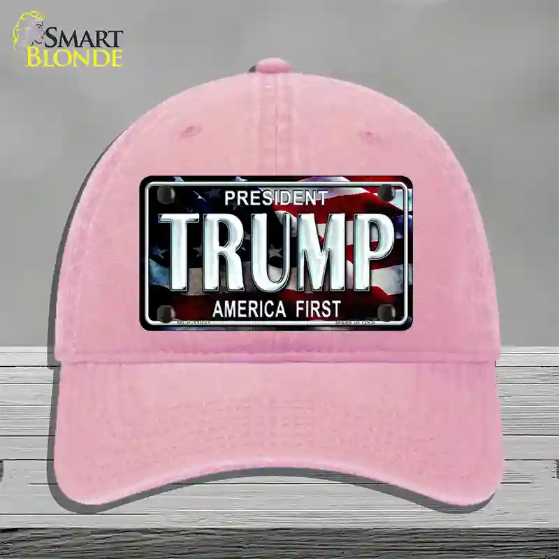 Trump America First Novelty License Plate Hat Unconstructed Cotton / Pink