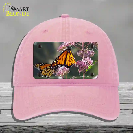 Butterfly Monarch On Flower Novelty License Plate Hat Unconstructed Cotton / Pink