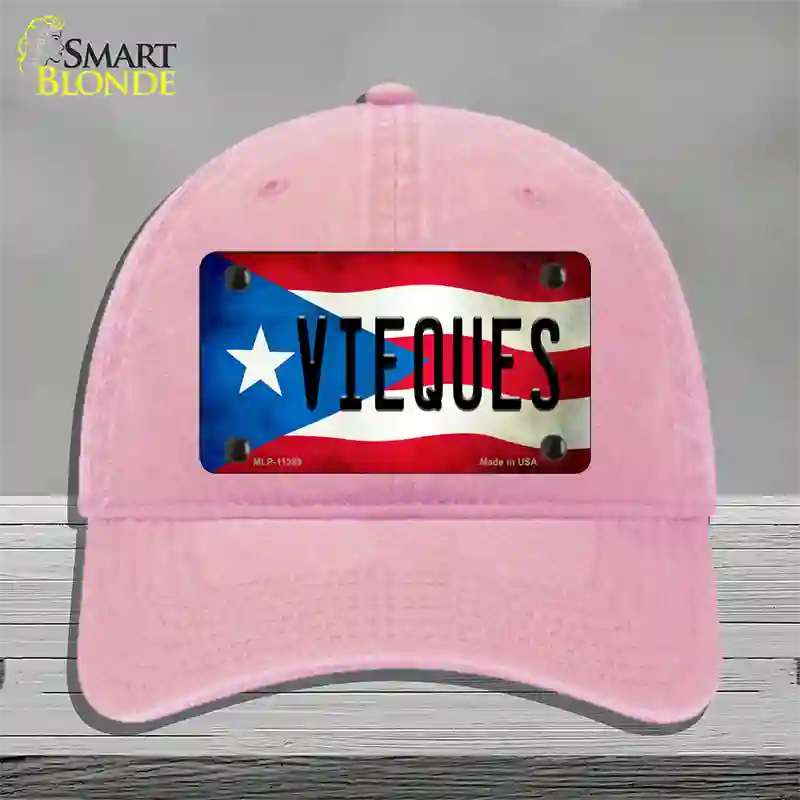 Vieques Puerto Rico Flag Novelty License Plate Hat Unconstructed Cotton / Pink