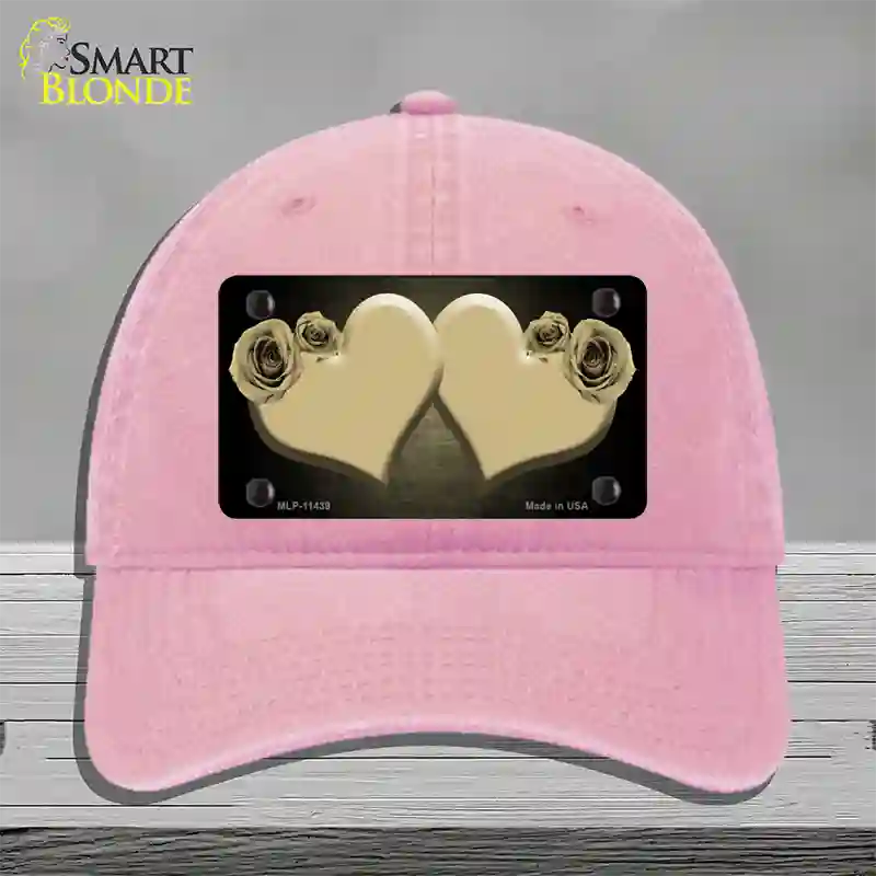 Hearts Over Roses In Gold Novelty License Plate Hat Unconstructed Cotton / Pink