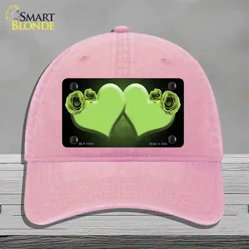 Hearts Over Roses In Lime Green Novelty License Plate Hat Unconstructed Cotton / Pink