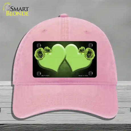 Hearts Over Roses In Lime Green Novelty License Plate Hat Unconstructed Cotton / Pink