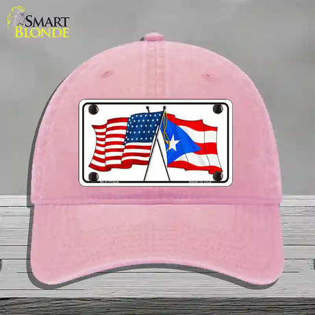 Puerto Rico Crossed US Flag Novelty License Plate Hat Unconstructed Cotton / Pink