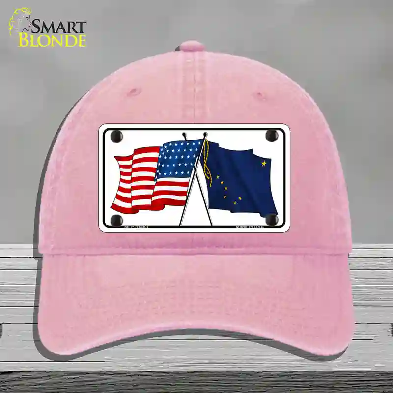 Alaska Crossed US Flag Novelty License Plate Hat Unconstructed Cotton / Pink