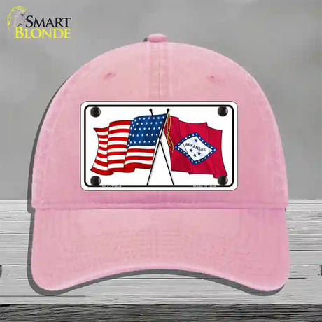 Arkansas Crossed US Flag Novelty License Plate Hat Unconstructed Cotton / Pink