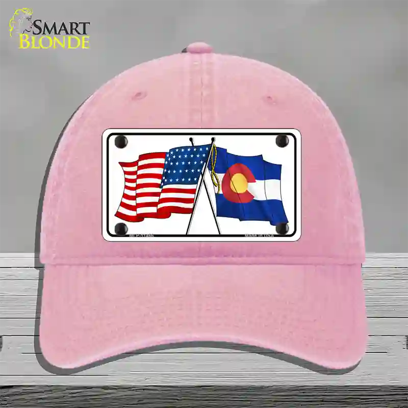 Colorado Crossed US Flag Novelty License Plate Hat Unconstructed Cotton / Pink