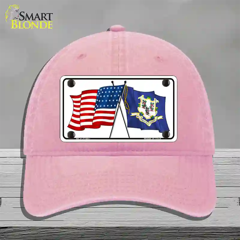 Connecticut Crossed US Flag Novelty License Plate Hat Unconstructed Cotton / Pink