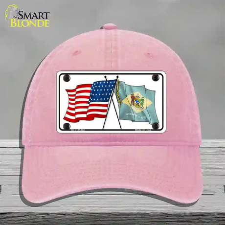 Delaware Crossed US Flag Novelty License Plate Hat Unconstructed Cotton / Pink