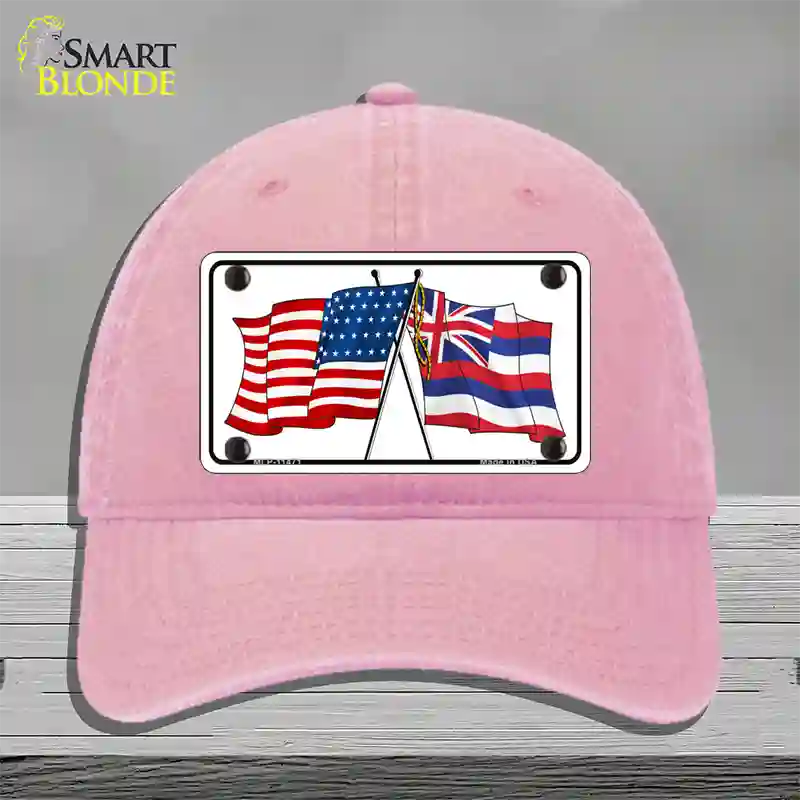 Hawaii Crossed US Flag Novelty License Plate Hat Unconstructed Cotton / Pink