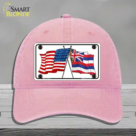 Hawaii Crossed US Flag Novelty License Plate Hat Unconstructed Cotton / Pink