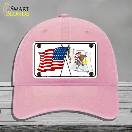 Illinois Crossed US Flag Novelty License Plate Hat Unconstructed Cotton / Pink