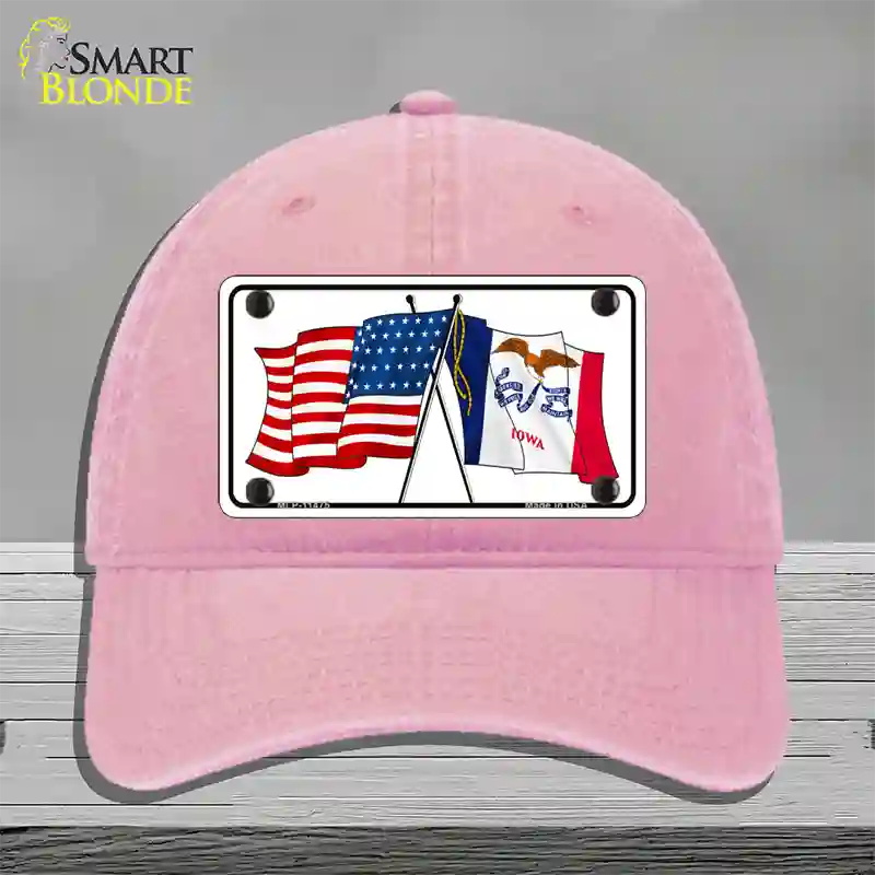 Iowa Crossed US Flag Novelty License Plate Hat Unconstructed Cotton / Pink