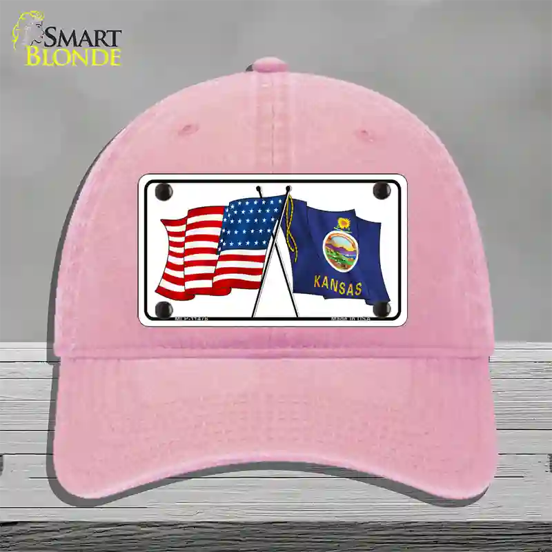 Kansas Crossed US Flag Novelty License Plate Hat Unconstructed Cotton / Pink