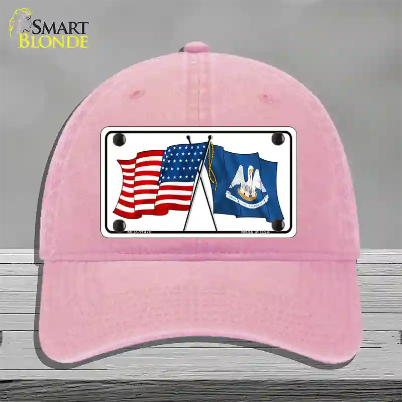 Louisiana Crossed US Flag Novelty License Plate Hat Unconstructed Cotton / Pink