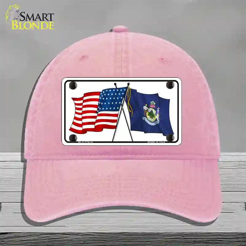 Maine Crossed US Flag Novelty License Plate Hat Unconstructed Cotton / Pink