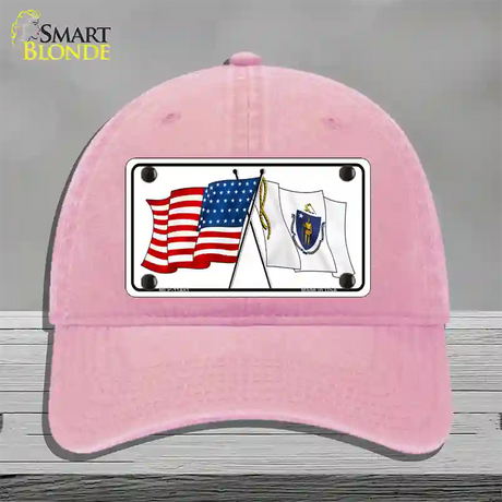 Massachusetts Crossed US Flag Novelty License Plate Hat Unconstructed Cotton / Pink