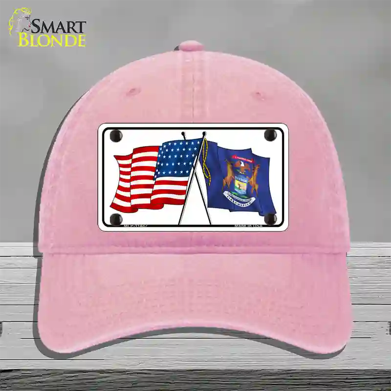 Michigan Crossed US Flag Novelty License Plate Hat Unconstructed Cotton / Pink