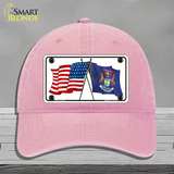 Michigan Crossed US Flag Novelty License Plate Hat Unconstructed Cotton / Pink