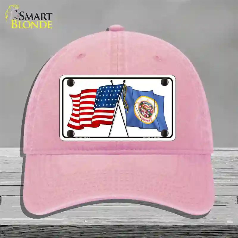 Minnesota Crossed US Flag Novelty License Plate Hat Unconstructed Cotton / Pink