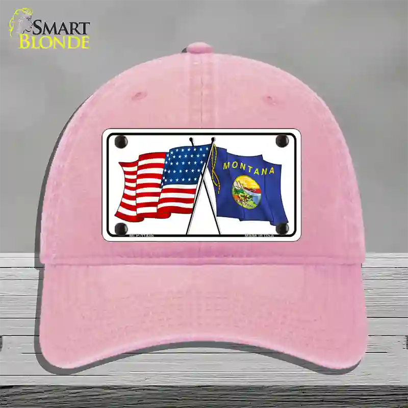 Montana Crossed US Flag Novelty License Plate Hat Unconstructed Cotton / Pink