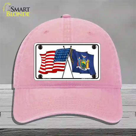 New York Crossed US Flag Novelty License Plate Hat Unconstructed Cotton / Pink