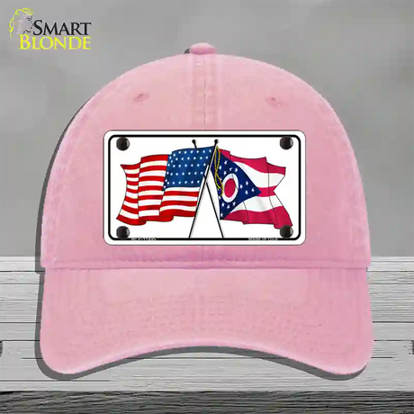 Ohio Crossed US Flag Novelty License Plate Hat Unconstructed Cotton / Pink