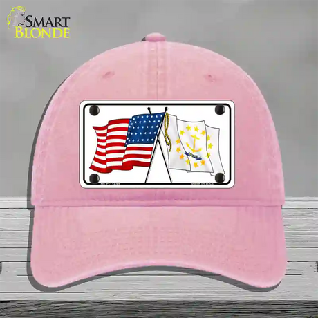 Rhode Island Crossed US Flag Novelty License Plate Hat Unconstructed Cotton / Pink