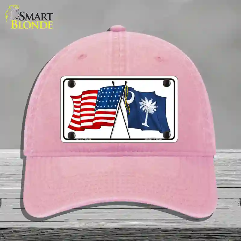 South Carolina Crossed US Flag Novelty License Plate Hat Unconstructed Cotton / Pink