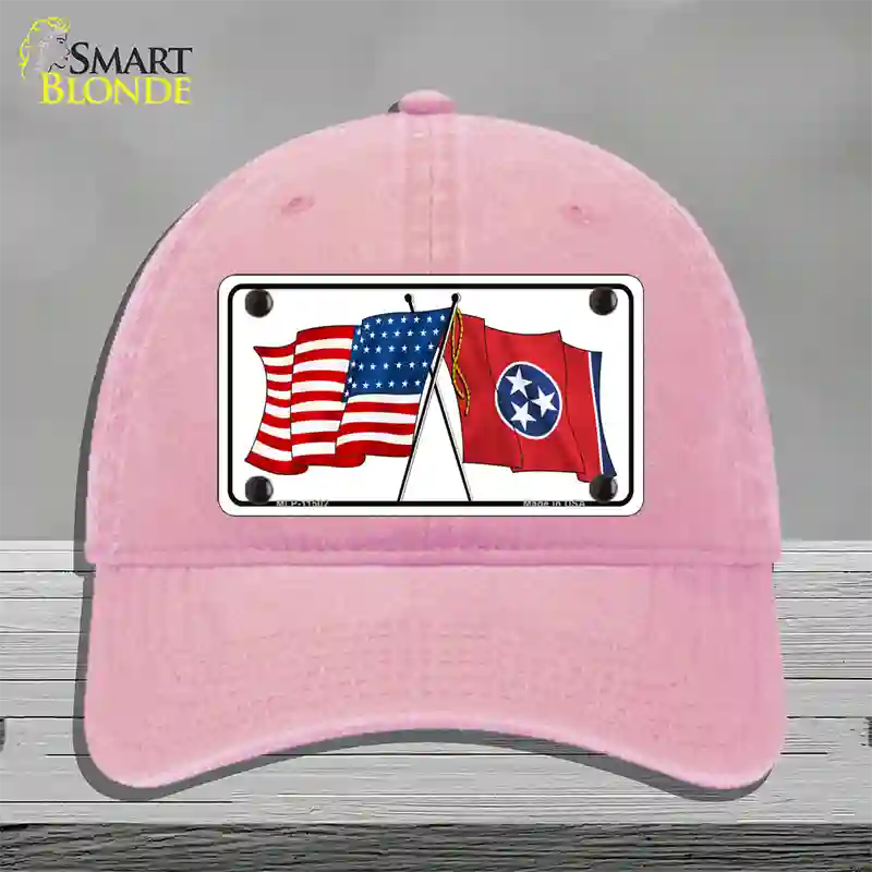 Tennessee Crossed US Flag Novelty License Plate Hat Unconstructed Cotton / Pink