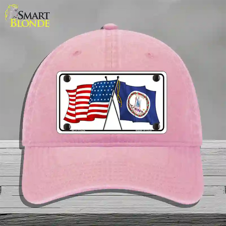 Virginia Crossed US Flag Novelty License Plate Hat Unconstructed Cotton / Pink