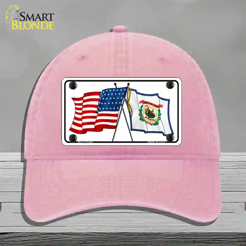 West Virginia Crossed US Flag Novelty License Plate Hat Unconstructed Cotton / Pink